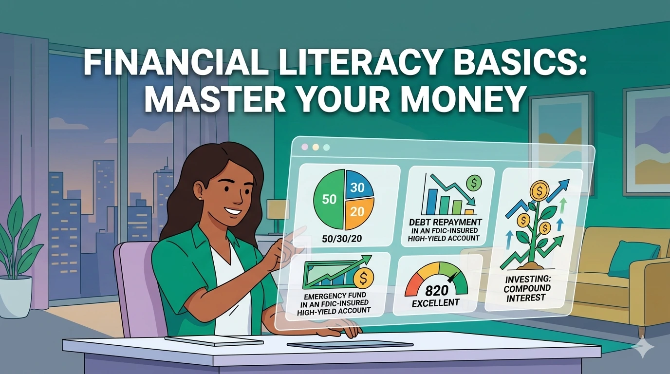 A modern digital illustration of a woman interacting with a holographic financial dashboard showing the 50/30/20 budget rule, a high credit score of 820, and a growing money tree representing compound interest.
