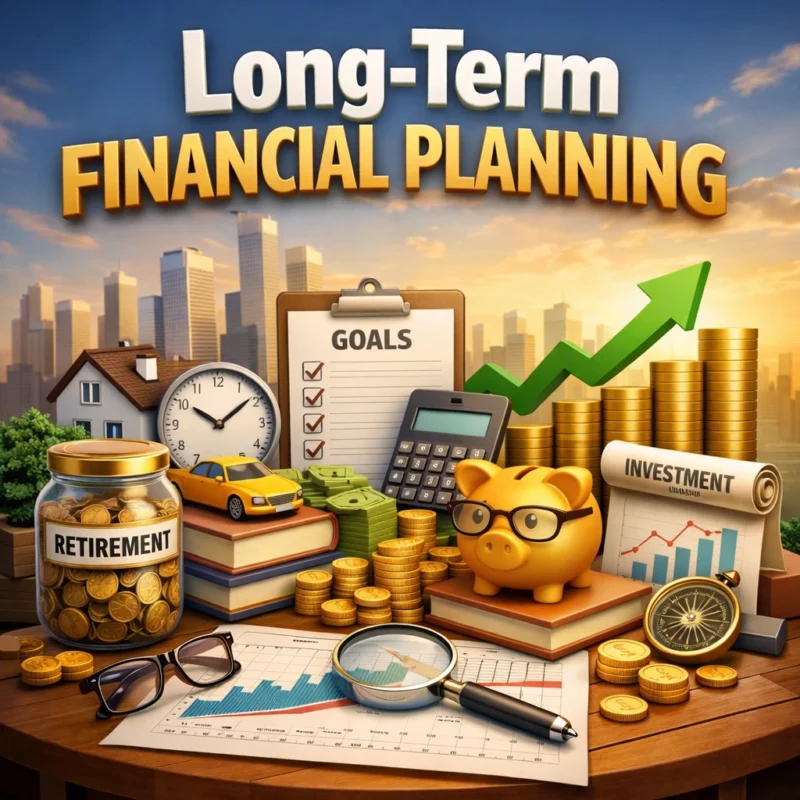 3D illustration of long-term financial planning with piggy bank, investment chart, retirement jar, and growth arrow