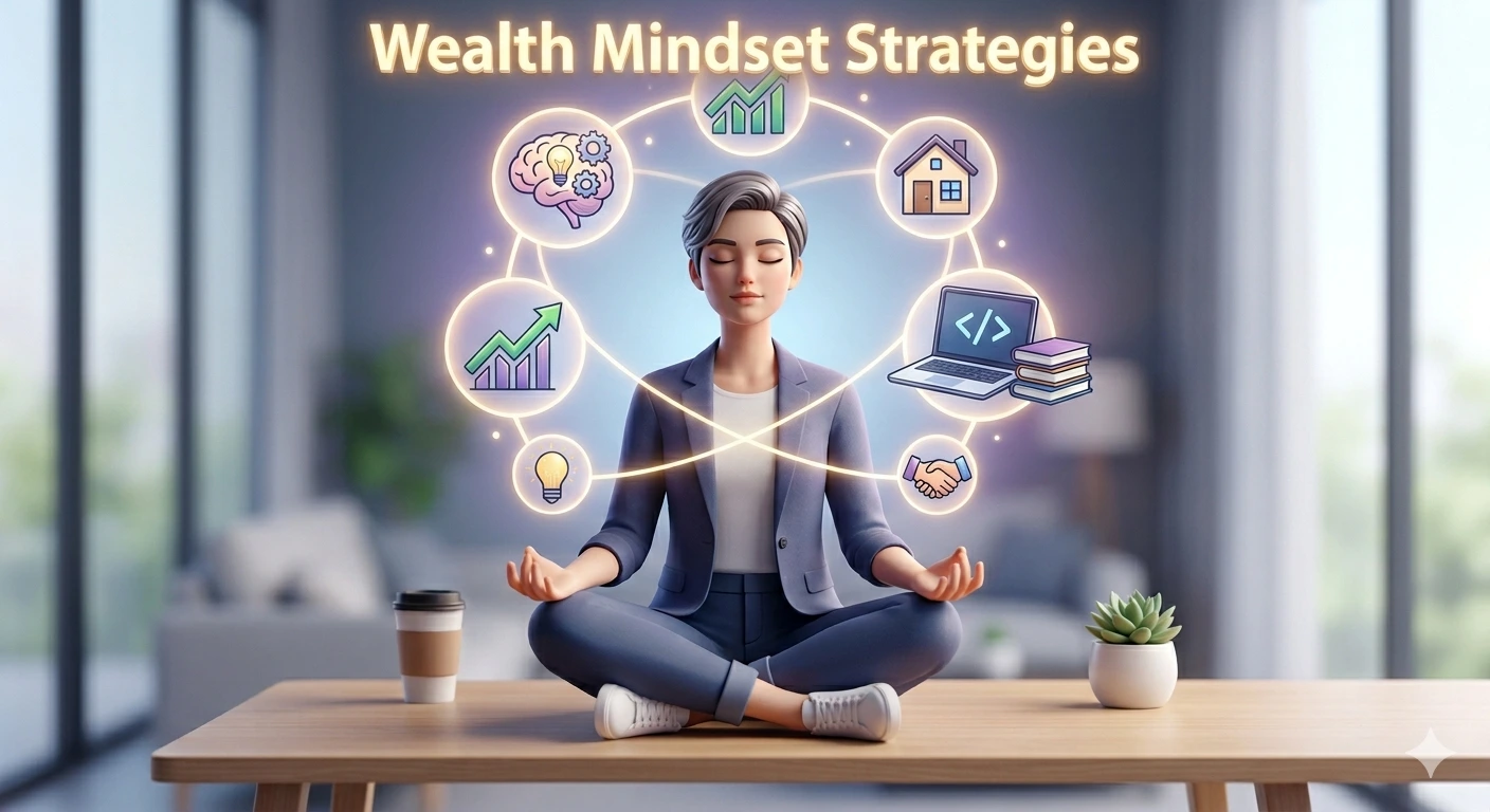A 3D character illustration of a woman in a blue business suit meditating in a lotus pose on a modern office desk. Glowing text above her reads 'Wealth Mindset Strategies'. A halo of interconnected neon-style icons surrounds her head, representing a brain with gears, a house, a laptop with books, a handshake, a lightbulb with a dollar sign, and growth graphs. A coffee cup and a succulent are on the desk beside her.