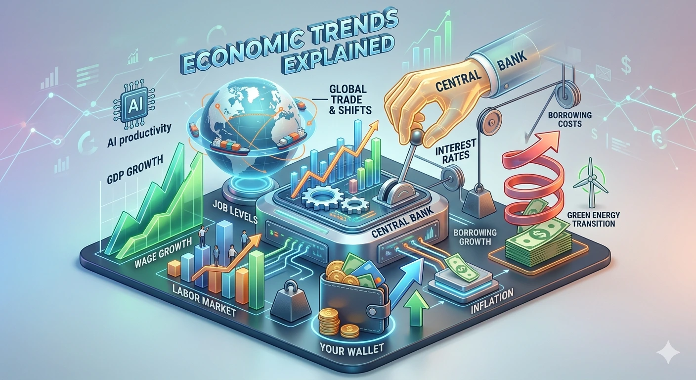 An intricate 3D isometric infographic detailing global economic trends. A 'Central Bank' hand manipulates a lever for 'Interest Rates' on a central gear system. Connected components show 'GDP Growth' charts, 'Labor Market' data (Wage Growth, Job Levels), 'Inflation' visualized as a green arrow and weight, a globe with ships for 'Global Trade & Shifts,' and icons for 'AI Productivity' and 'Green Energy Transition.' A 'Your Wallet' sits at the base, directly connected to and impacted by these shifting forces.