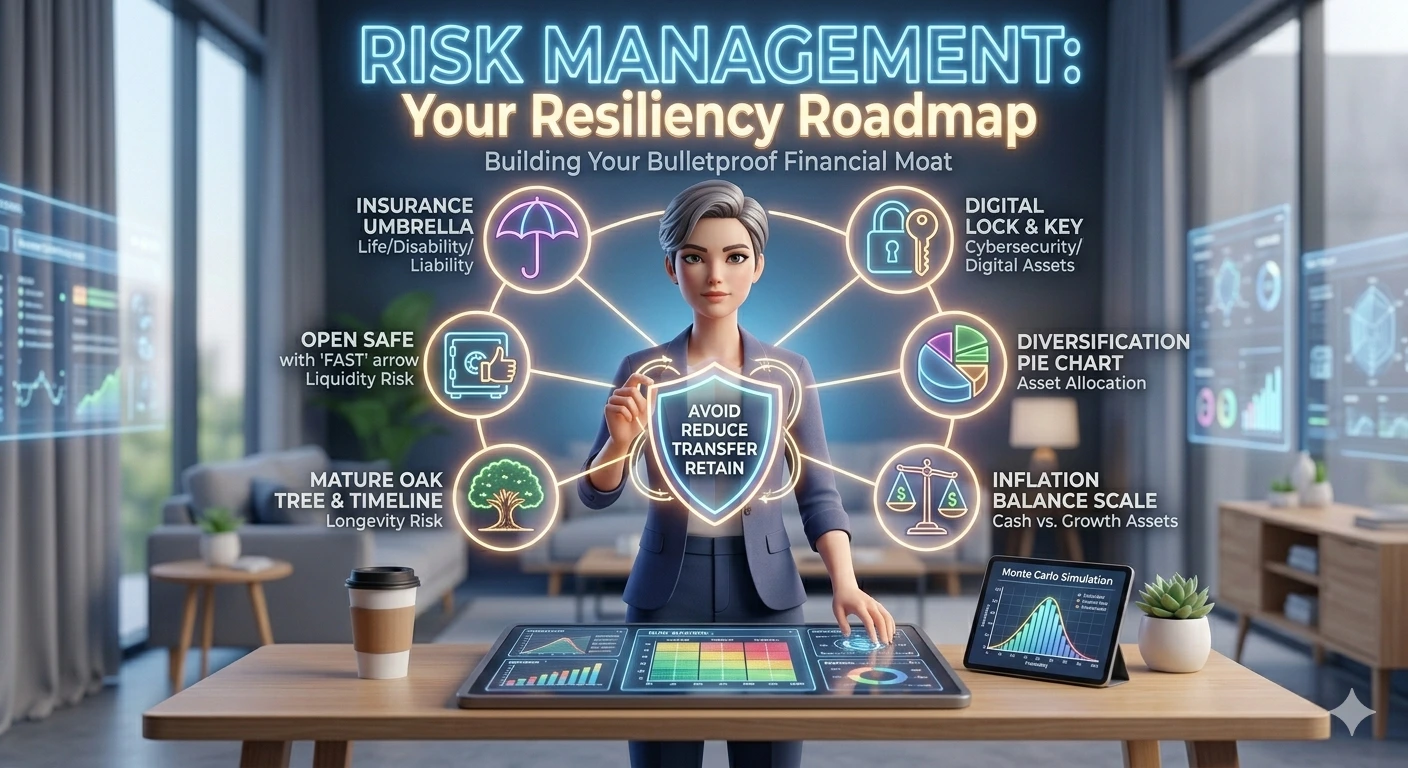 An infographic illustration showing a businesswoman at a futuristic holographic desk. Large text reads "RISK MANAGEMENT: Your Resiliency Roadmap" and "Building Your Bulletproof Financial Moat." She is surrounded by icons detailing risks like Insurance, Cybersecurity, Liquidity, Asset Allocation, Longevity, and Inflation. The central shield lists the core strategies: AVOID, REDUCE, TRANSFER, RETAIN. A Monte Carlo Simulation graph is shown.