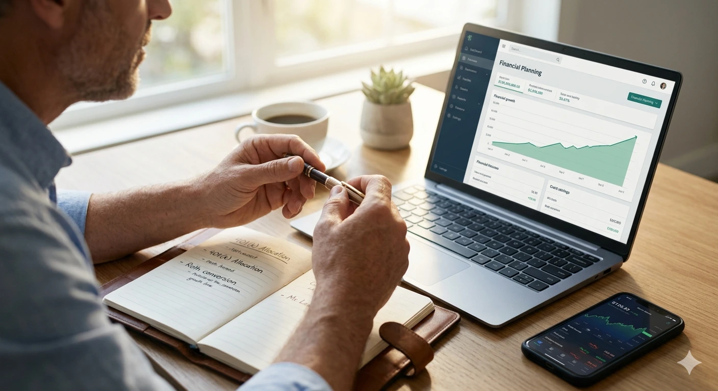 A close-up photograph of a man's hands holding a black pen over an open notebook, actively creating a financial plan for retirement on a sunlit wooden desk.