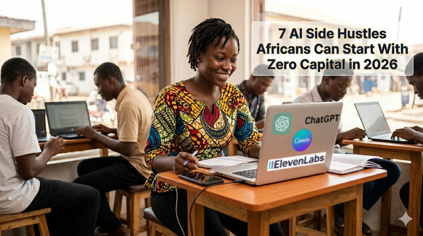 A smiling young African woman working on a laptop with tech logos, surrounded by peers in a bright workspace, featuring the text '7 AI Side Hustles Africans Can Start With Zero Capital in 2026'.